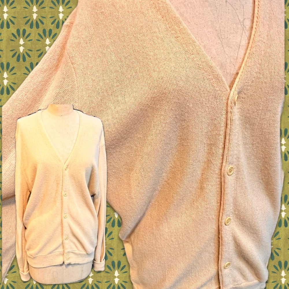 VINTAGE 60s classic button front knit sweater cardigan oatmeal beige v-neck‎ 70s